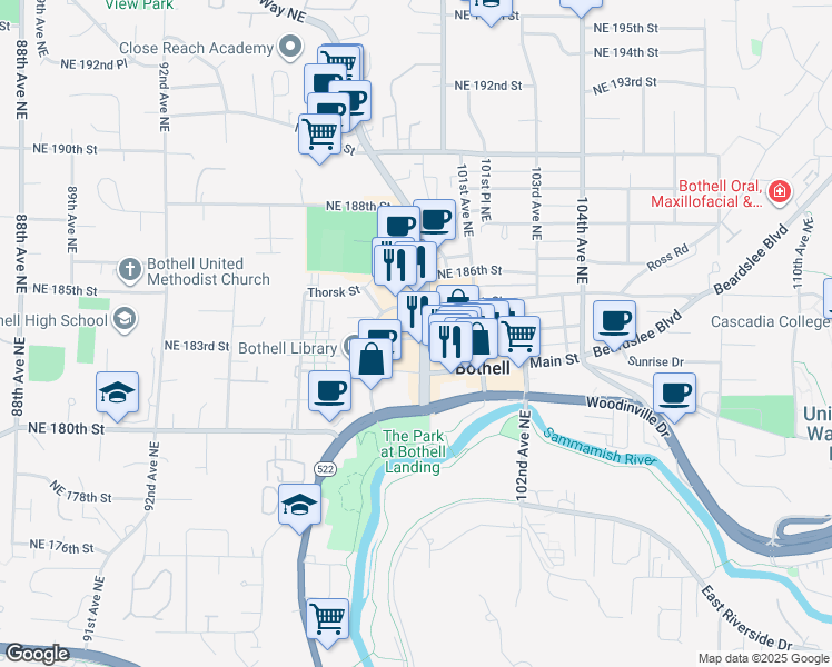 map of restaurants, bars, coffee shops, grocery stores, and more near 18333 Bothell Way Northeast in Bothell