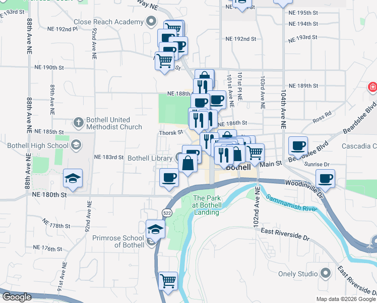 map of restaurants, bars, coffee shops, grocery stores, and more near 9724 Northeast 185th Street in Bothell