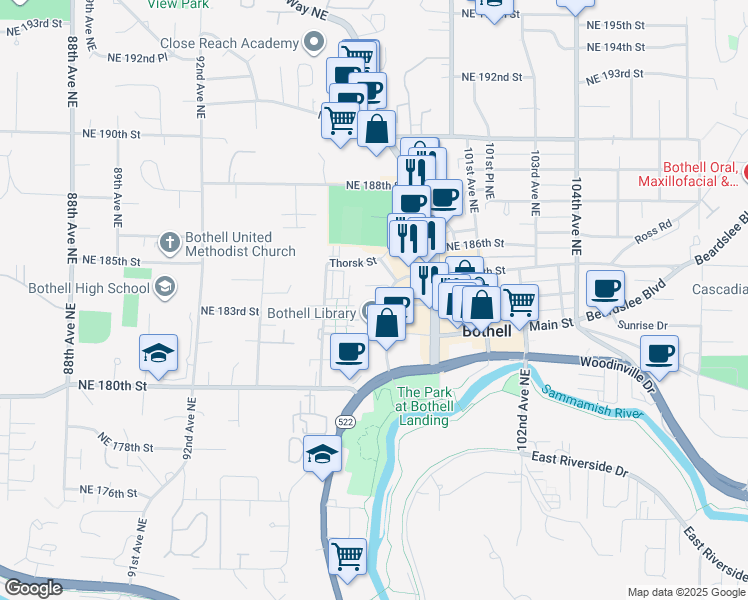 map of restaurants, bars, coffee shops, grocery stores, and more near 18323 98th Avenue Northeast in Bothell