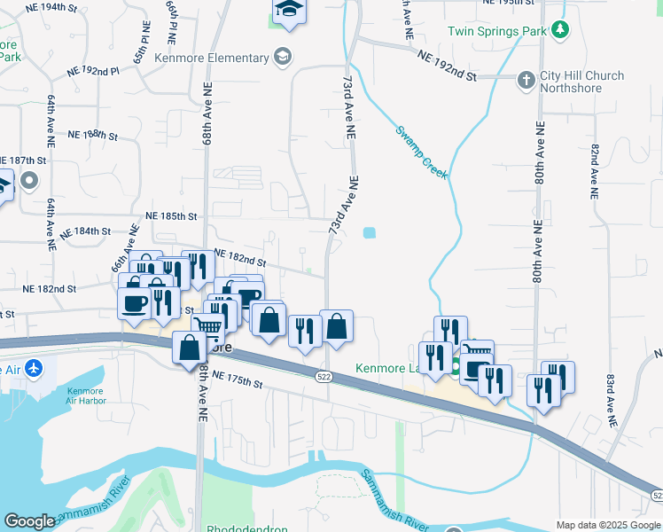 map of restaurants, bars, coffee shops, grocery stores, and more near 18255 73rd Avenue Northeast in Kenmore