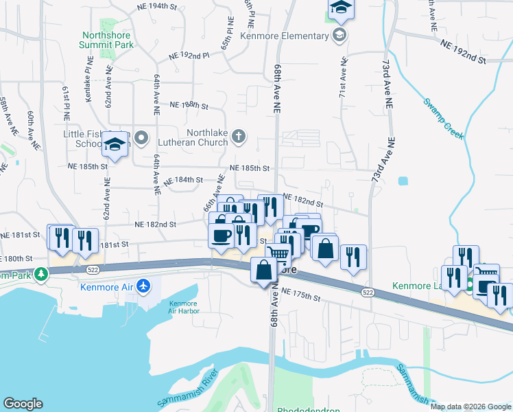 map of restaurants, bars, coffee shops, grocery stores, and more near 6711 Northeast 182nd Street in Kenmore