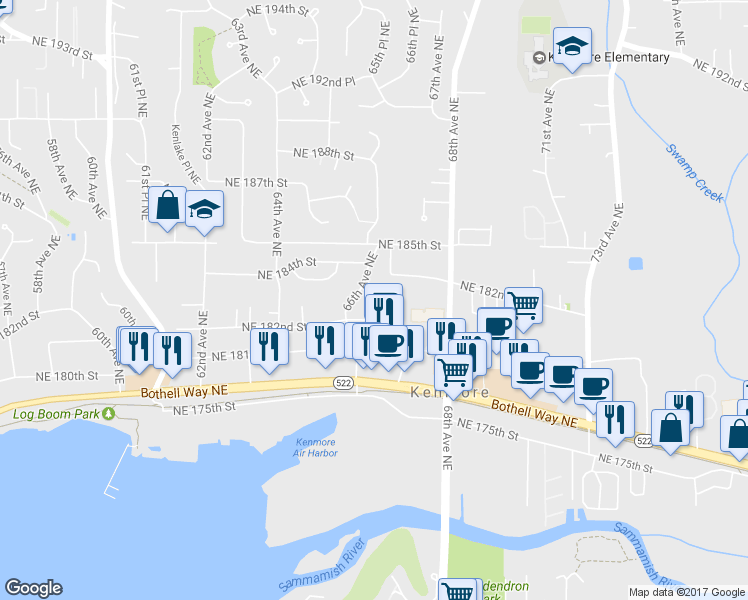 map of restaurants, bars, coffee shops, grocery stores, and more near 6630 Northeast 182nd Street in Kenmore