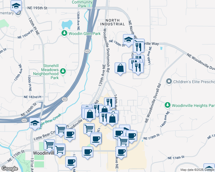 map of restaurants, bars, coffee shops, grocery stores, and more near 18200 Woodinville Snohomish Road in Woodinville