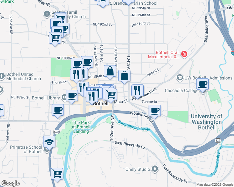map of restaurants, bars, coffee shops, grocery stores, and more near 10207 Northeast 183rd Street in Bothell