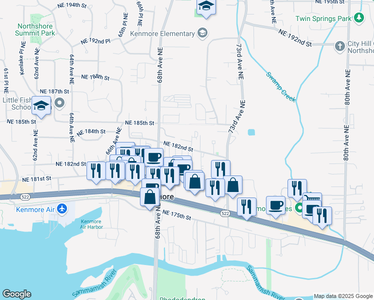 map of restaurants, bars, coffee shops, grocery stores, and more near 7002 Northeast 182nd Street in Kenmore