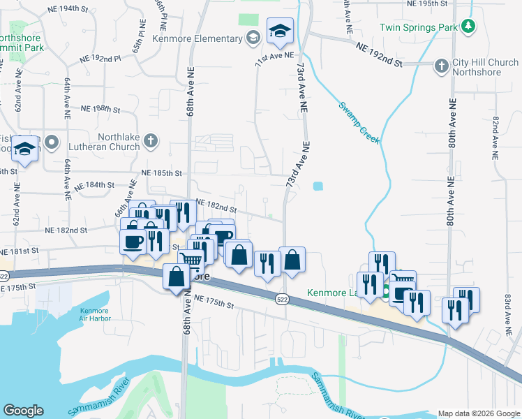 map of restaurants, bars, coffee shops, grocery stores, and more near 7206 Northeast 182nd Street in Kenmore