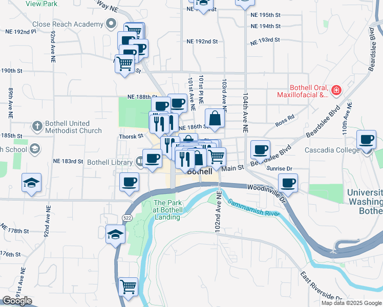 map of restaurants, bars, coffee shops, grocery stores, and more near in Bothell