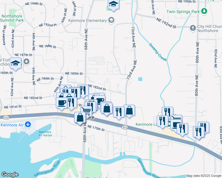 map of restaurants, bars, coffee shops, grocery stores, and more near 18220 70th Lane Northeast in Kenmore