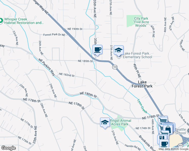 map of restaurants, bars, coffee shops, grocery stores, and more near 18253 35th Avenue Northeast in Lake Forest Park