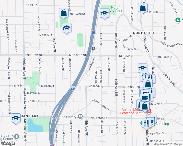 map of restaurants, bars, coffee shops, grocery stores, and more near 514 Northeast 183rd Court in Shoreline