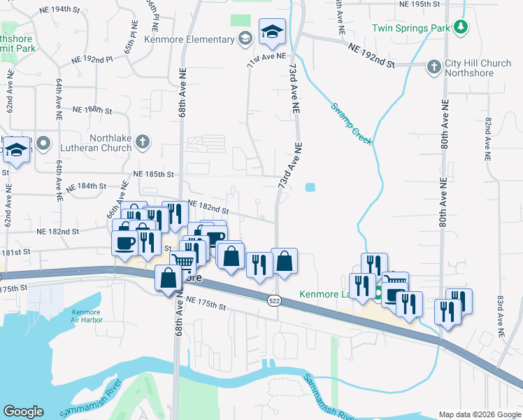 map of restaurants, bars, coffee shops, grocery stores, and more near 18255 73rd Avenue Northeast in Kenmore