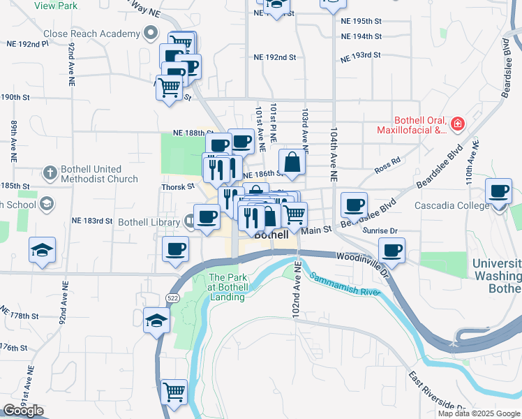 map of restaurants, bars, coffee shops, grocery stores, and more near 18305 101st Avenue Northeast in Bothell