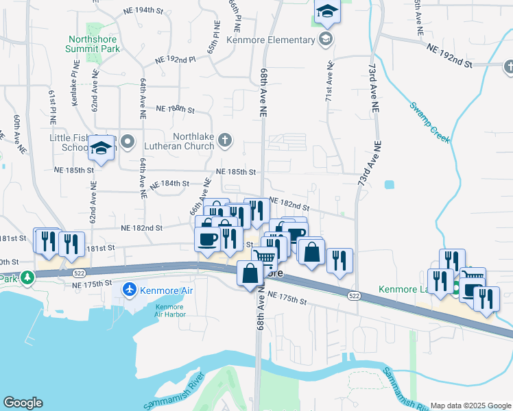 map of restaurants, bars, coffee shops, grocery stores, and more near 6741 Northeast 182nd Street in Kenmore
