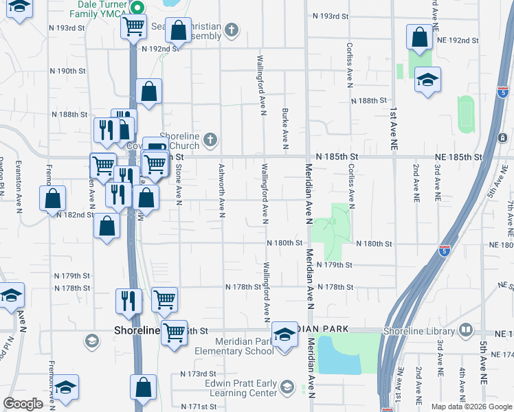 map of restaurants, bars, coffee shops, grocery stores, and more near 1644 North 183rd Street in Shoreline