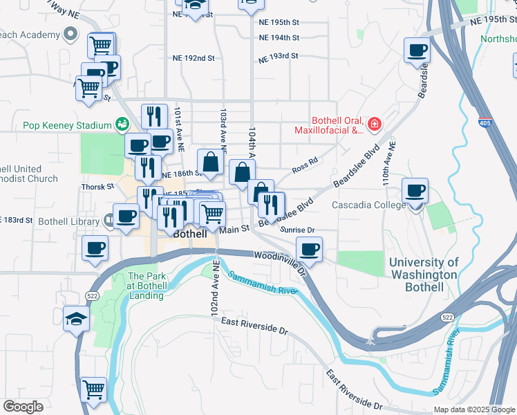 map of restaurants, bars, coffee shops, grocery stores, and more near 10419 Northeast 185th Street in Bothell