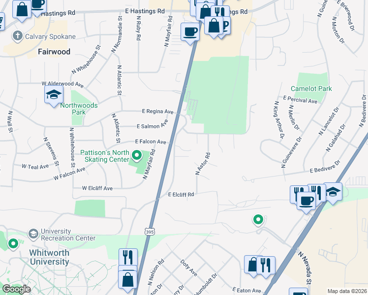 map of restaurants, bars, coffee shops, grocery stores, and more near 11510 North Whitworth Drive in Spokane