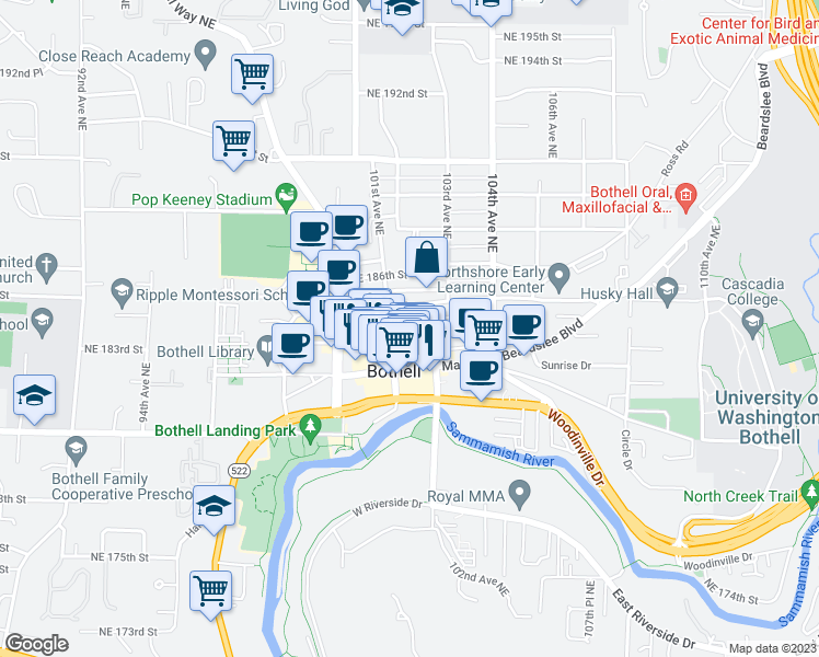 map of restaurants, bars, coffee shops, grocery stores, and more near 10116 Northeast 183rd Street in Bothell