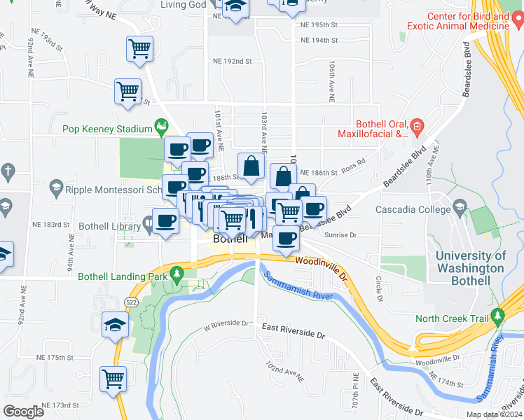 map of restaurants, bars, coffee shops, grocery stores, and more near 10208 Northeast 183rd Street in Bothell