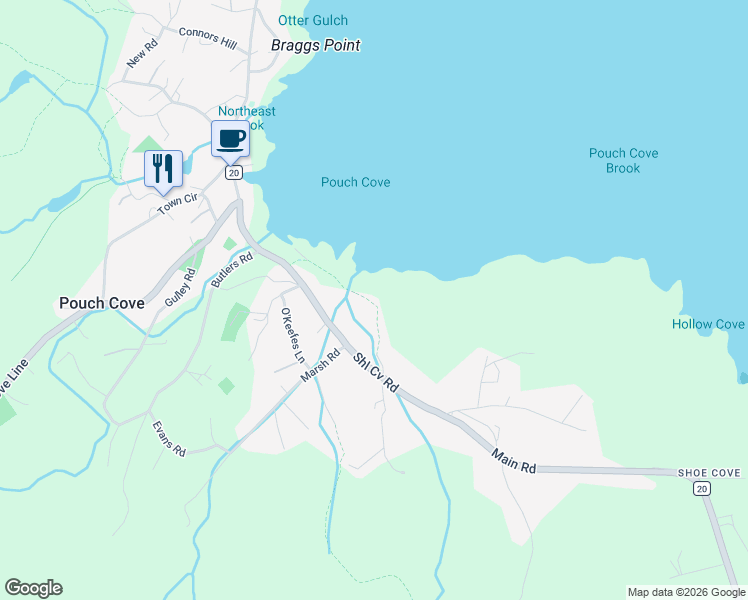 map of restaurants, bars, coffee shops, grocery stores, and more near 596 Main Road in Pouch Cove