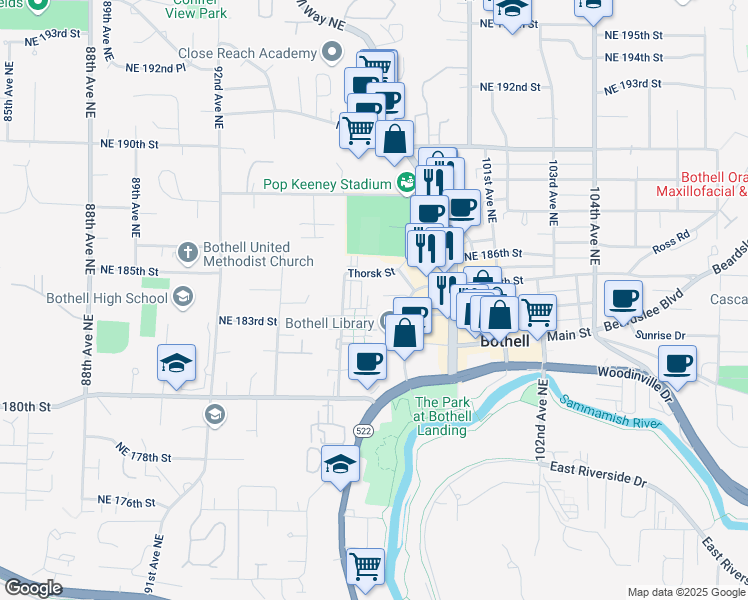 map of restaurants, bars, coffee shops, grocery stores, and more near 18323 98th Avenue Northeast in Bothell