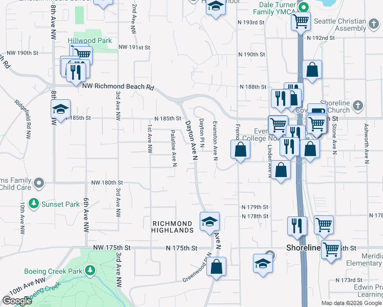 map of restaurants, bars, coffee shops, grocery stores, and more near 405 North 182nd Court in Shoreline