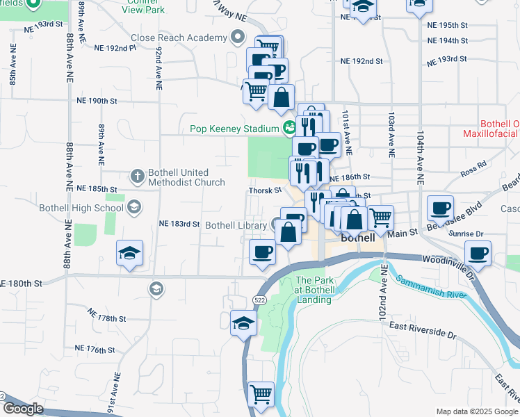 map of restaurants, bars, coffee shops, grocery stores, and more near 18323 98th Avenue Northeast in Bothell