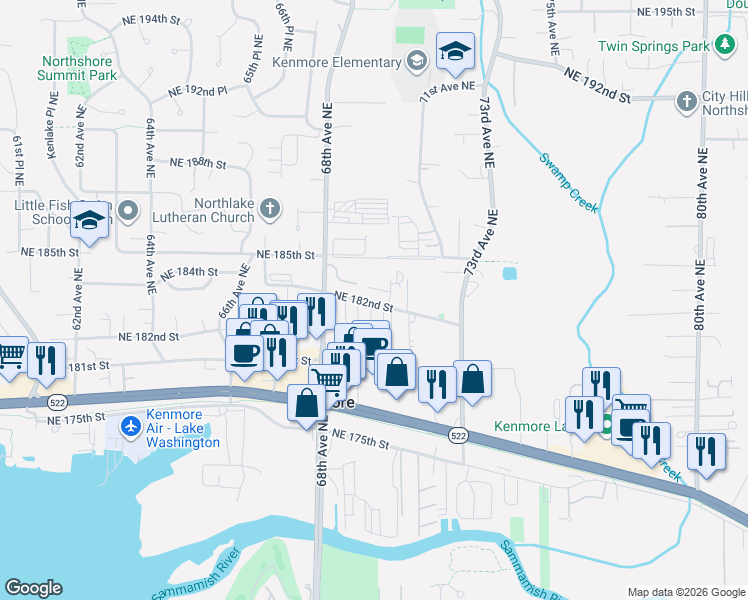 map of restaurants, bars, coffee shops, grocery stores, and more near 7002 Northeast 182nd Street in Kenmore
