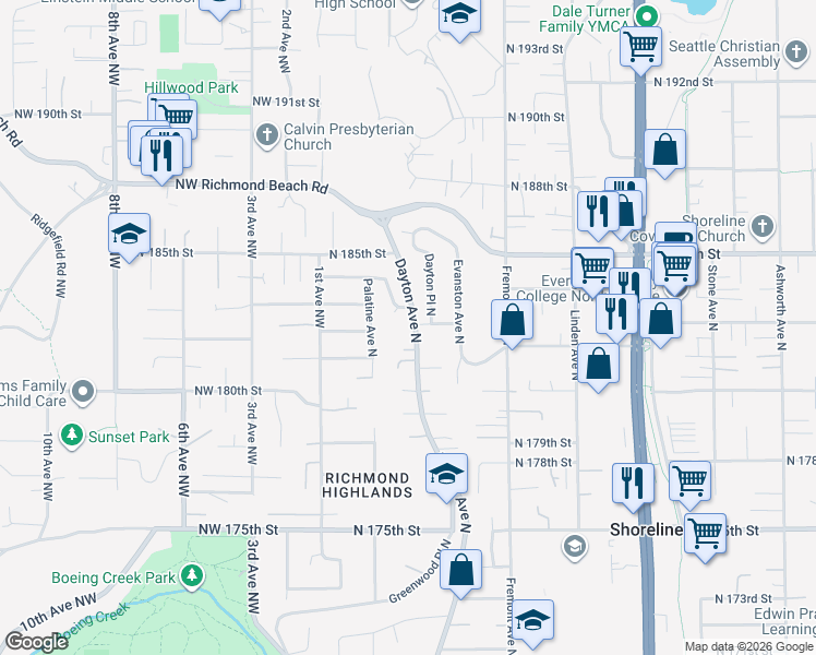 map of restaurants, bars, coffee shops, grocery stores, and more near 405 North 182nd Court in Shoreline