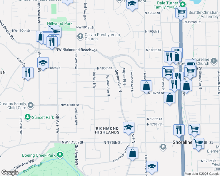 map of restaurants, bars, coffee shops, grocery stores, and more near 18212 Palatine Avenue North in Shoreline