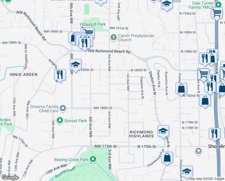 map of restaurants, bars, coffee shops, grocery stores, and more near 18208 3rd Avenue Northwest in Shoreline
