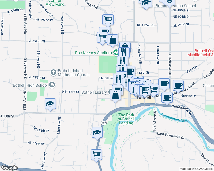 map of restaurants, bars, coffee shops, grocery stores, and more near 18323 98th Avenue Northeast in Bothell