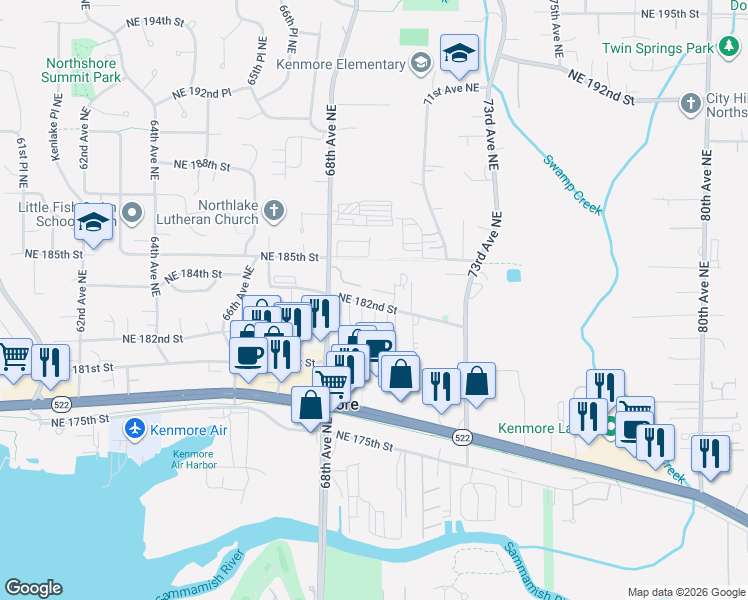 map of restaurants, bars, coffee shops, grocery stores, and more near 6949 Northeast 184th Lane in Kenmore