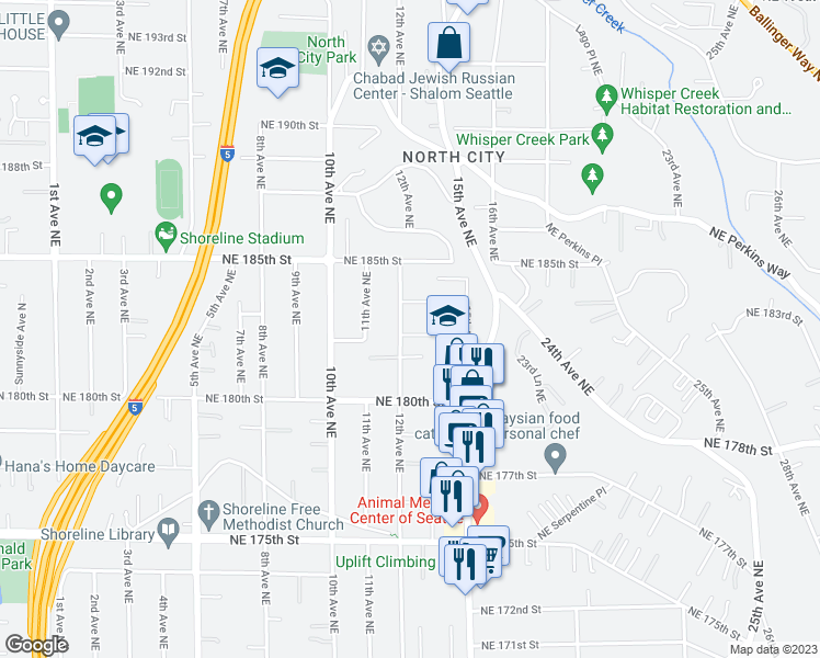 map of restaurants, bars, coffee shops, grocery stores, and more near 18304 12th Avenue Northeast in Shoreline