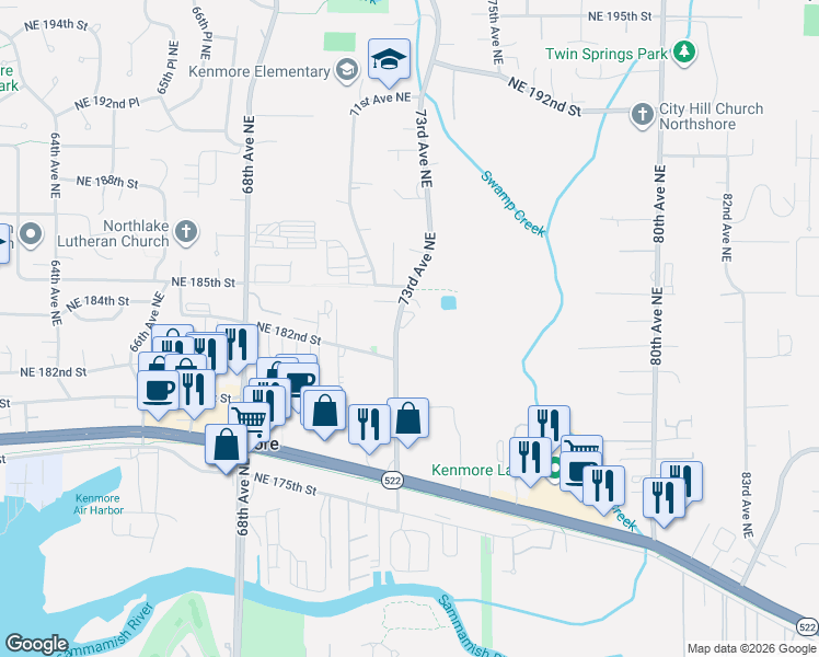 map of restaurants, bars, coffee shops, grocery stores, and more near 18244 73rd Avenue Northeast in Kenmore