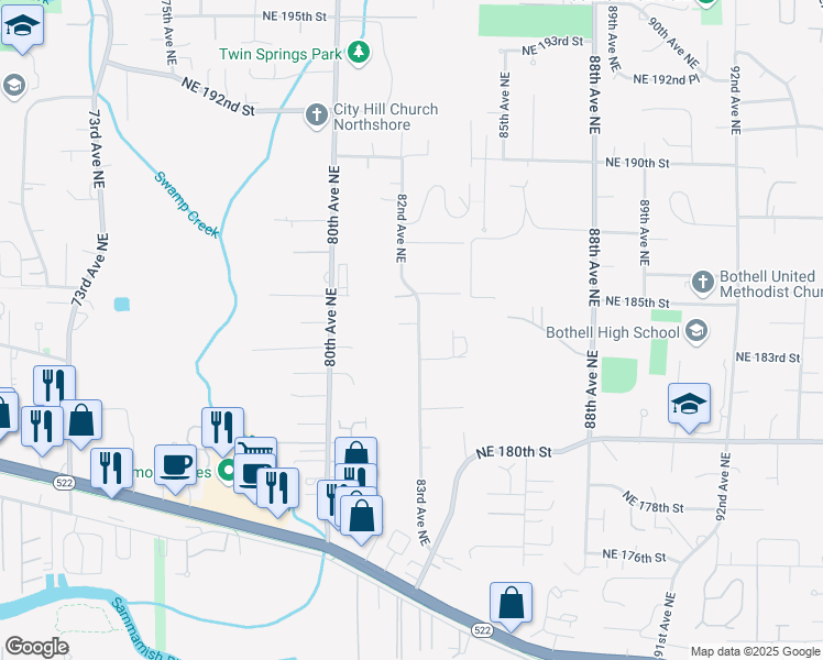map of restaurants, bars, coffee shops, grocery stores, and more near 18321 83rd Avenue Northeast in Kenmore