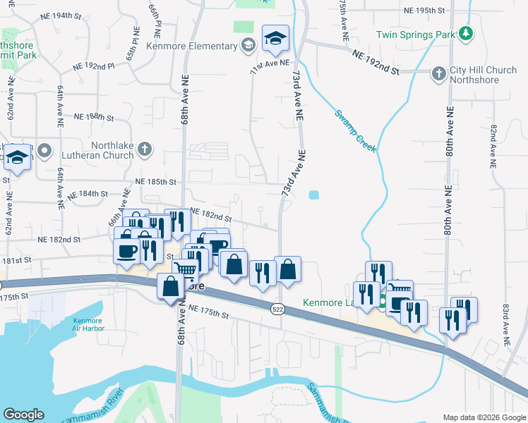 map of restaurants, bars, coffee shops, grocery stores, and more near 18255 73rd Avenue Northeast in Kenmore