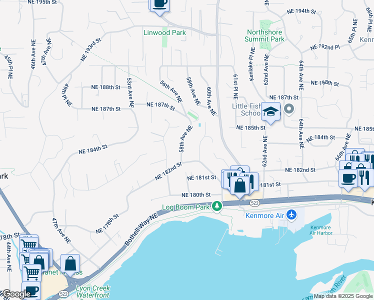 map of restaurants, bars, coffee shops, grocery stores, and more near 18219 60th Avenue Northeast in Kenmore