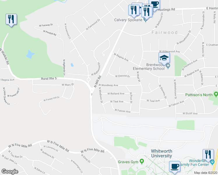 map of restaurants, bars, coffee shops, grocery stores, and more near 1001 West Woodway Avenue in Spokane