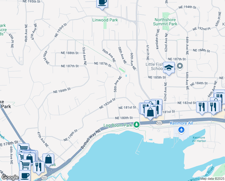 map of restaurants, bars, coffee shops, grocery stores, and more near 18227 58th Avenue Northeast in Kenmore