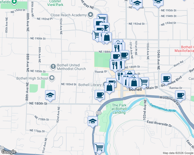 map of restaurants, bars, coffee shops, grocery stores, and more near 15712 76th Place Northeast in Kenmore