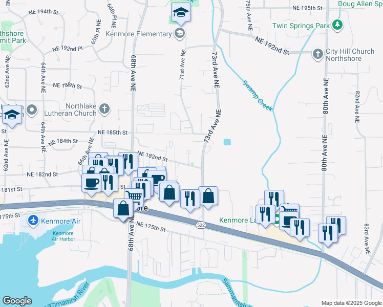 map of restaurants, bars, coffee shops, grocery stores, and more near 18255 73rd Avenue Northeast in Kenmore