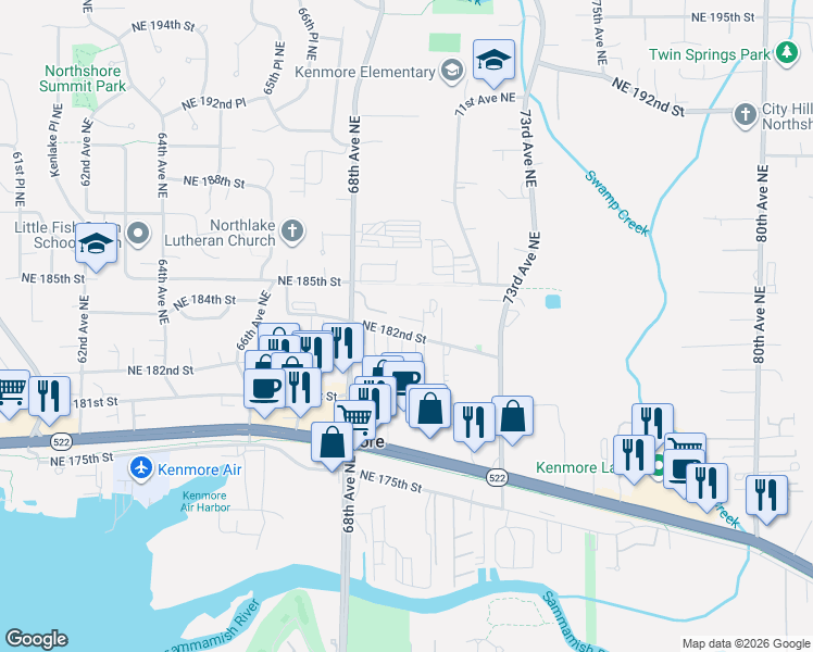 map of restaurants, bars, coffee shops, grocery stores, and more near 6949 Northeast 184th Lane in Kenmore