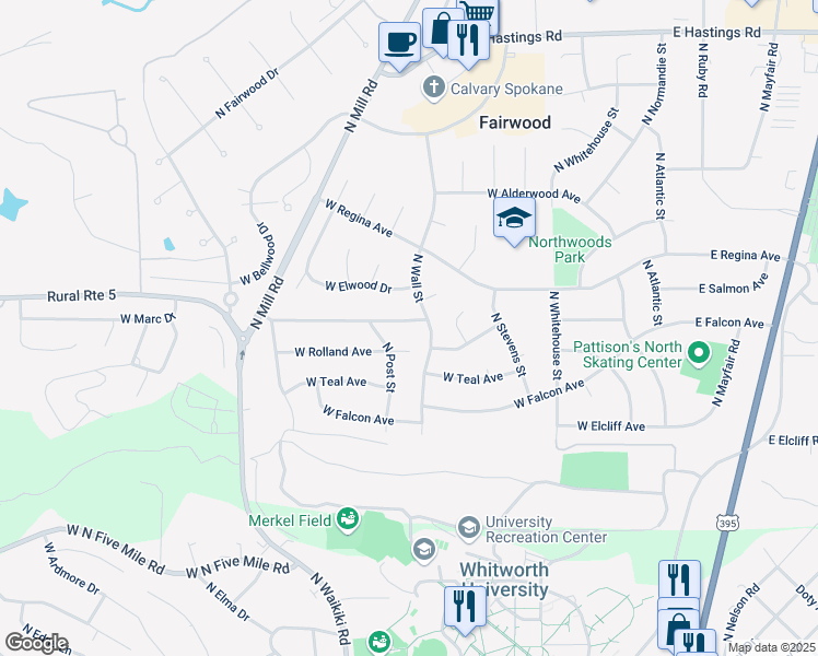map of restaurants, bars, coffee shops, grocery stores, and more near 627 West Woodway Avenue in Spokane