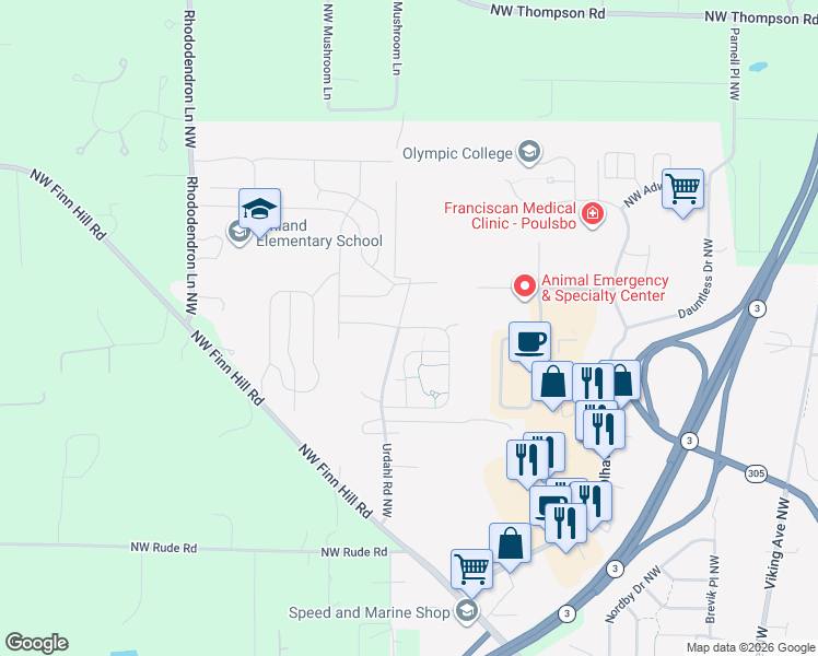 map of restaurants, bars, coffee shops, grocery stores, and more near 21890 Northwest Monterey Loop in Poulsbo