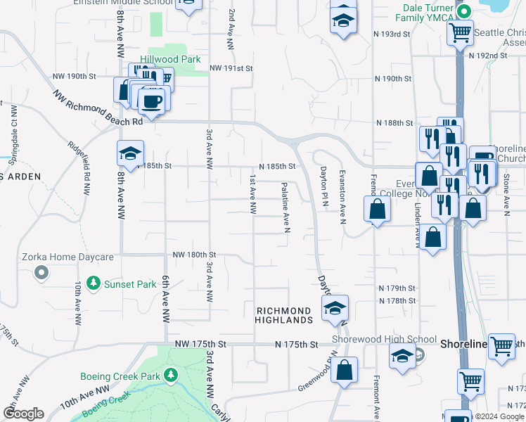 map of restaurants, bars, coffee shops, grocery stores, and more near 110 North 182nd Street in Shoreline