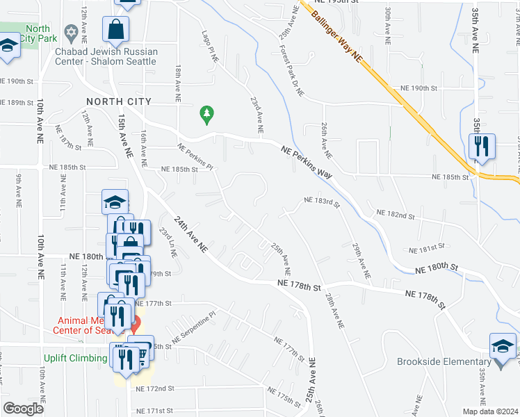 map of restaurants, bars, coffee shops, grocery stores, and more near 2738 Northeast 184th Place in Lake Forest Park