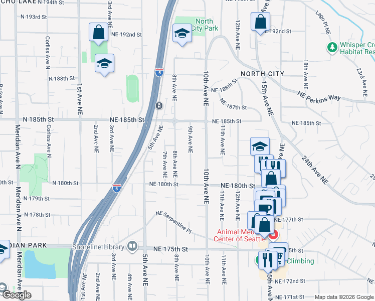 map of restaurants, bars, coffee shops, grocery stores, and more near 18067 9th Avenue Northeast in Shoreline
