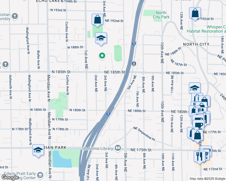 map of restaurants, bars, coffee shops, grocery stores, and more near 18304 3rd Avenue Northeast in Shoreline