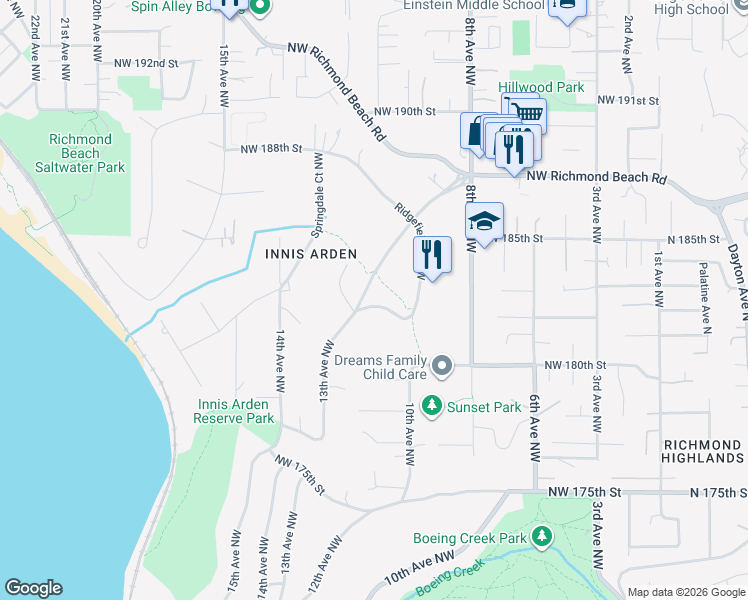 map of restaurants, bars, coffee shops, grocery stores, and more near 1098 Innis Arden Drive Northwest in Shoreline