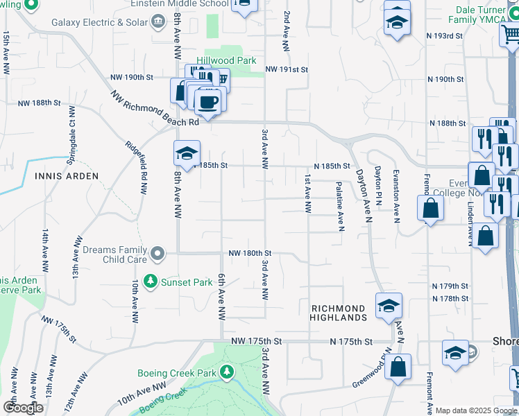 map of restaurants, bars, coffee shops, grocery stores, and more near 18215 3rd Avenue Northwest in Shoreline